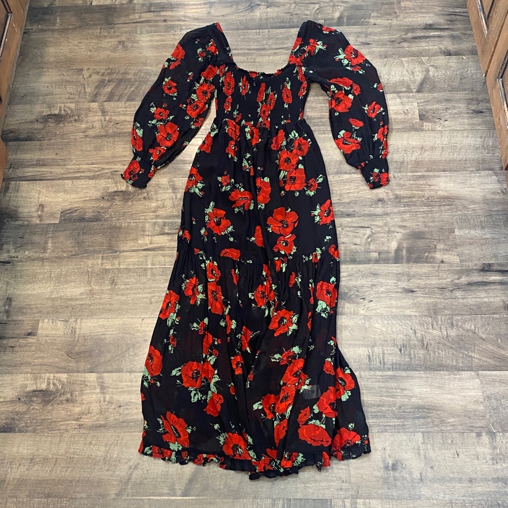 Rixo Dress Womens 6 Black Red Poppy Floral Yas Chiffon Midi Airy Square Neck - Picture 4 of 6